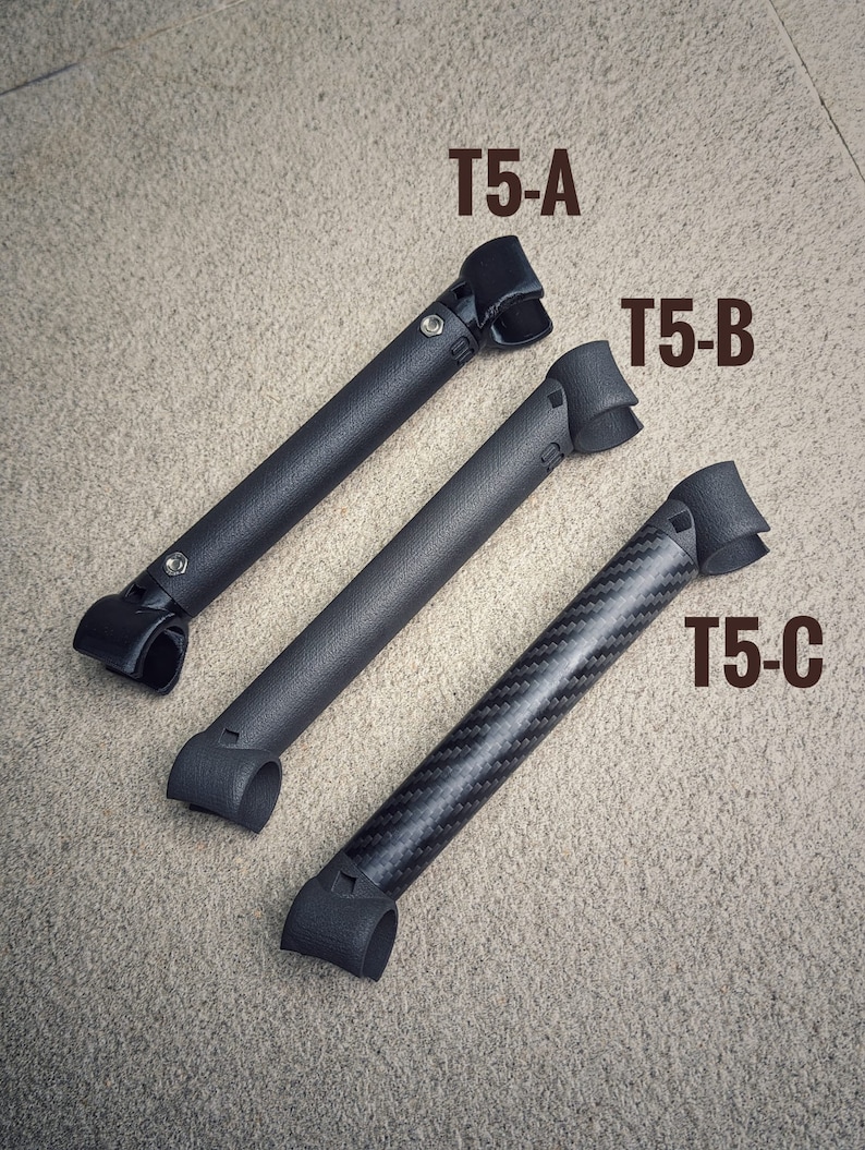 May include: Three black rods with different finishes. The top rod is labeled "T5-A", the middle rod is labeled "T5-B", and the bottom rod is labeled "T5-C".