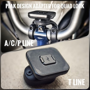 May include: A black Peak Design Quad Lock adapter for mounting a phone or camera to a bicycle handlebar. The adapter is compatible with both A/C/P and T line mounts. The adapter is made of durable plastic and has a sleek, modern design.