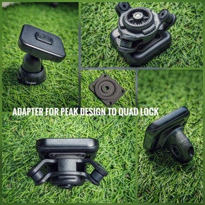 May include: Black adapter for a phone mount. The adapter converts a Peak Design mount to a Quad Lock mount. The adapter is shown in different positions on a green grassy background. "ADAPTER FOR PEAK DESIGN TO QUAD LOCK" is printed on the image.