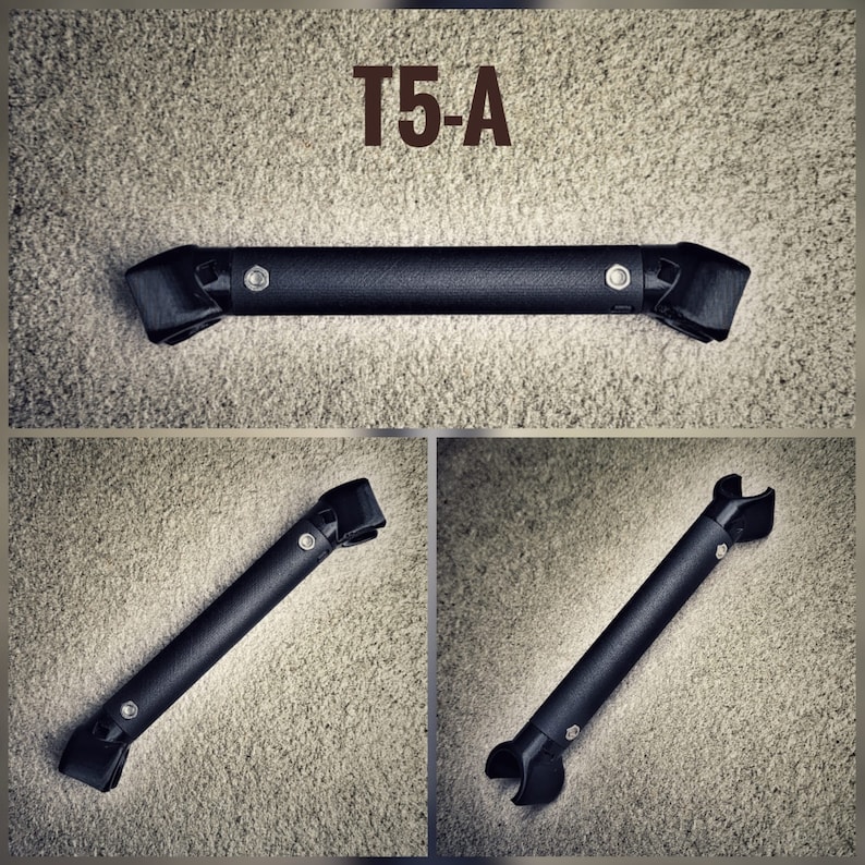 May include: A black metal T5-A bar with a rounded end on each side. The bar is shown in three different positions.