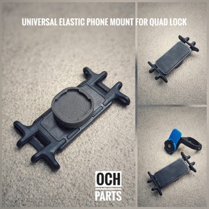 May include: A black universal elastic phone mount for Quad Lock, with multiple views. The mount has a rectangular base with four extending arms and a circular centre piece. The text "UNIVERSAL ELASTIC PHONE MOUNT FOR QUAD LOCK" is at the top.