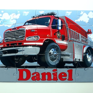 Personalized fire truck puzzle for kids, Custom children name puzzle boys, Truck birthday gift, Transport jigsaw kids puzzle,fire truck toy