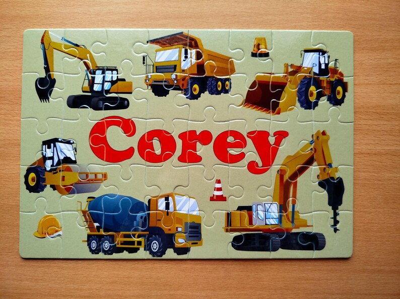 Rompecabezas de camión de construcción para niños, Rompecabezas personalizado para niños, Rompecabezas infantil con nombre, Regalo de construcción para niños imagen 3