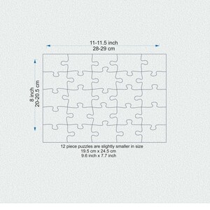 Puede incluir: Un contorno en blanco y negro de un rompecabezas de 12 piezas. El rompecabezas mide 11-11.5 pulgadas por 8 pulgadas, o 28-29 cm por 20-20.5 cm. El texto "12 piece puzzles are slightly smaller in size 19.5 cm x 24.5 cm 9.6 inch x 7.7 inch" est&aacute; debajo del rompecabezas.