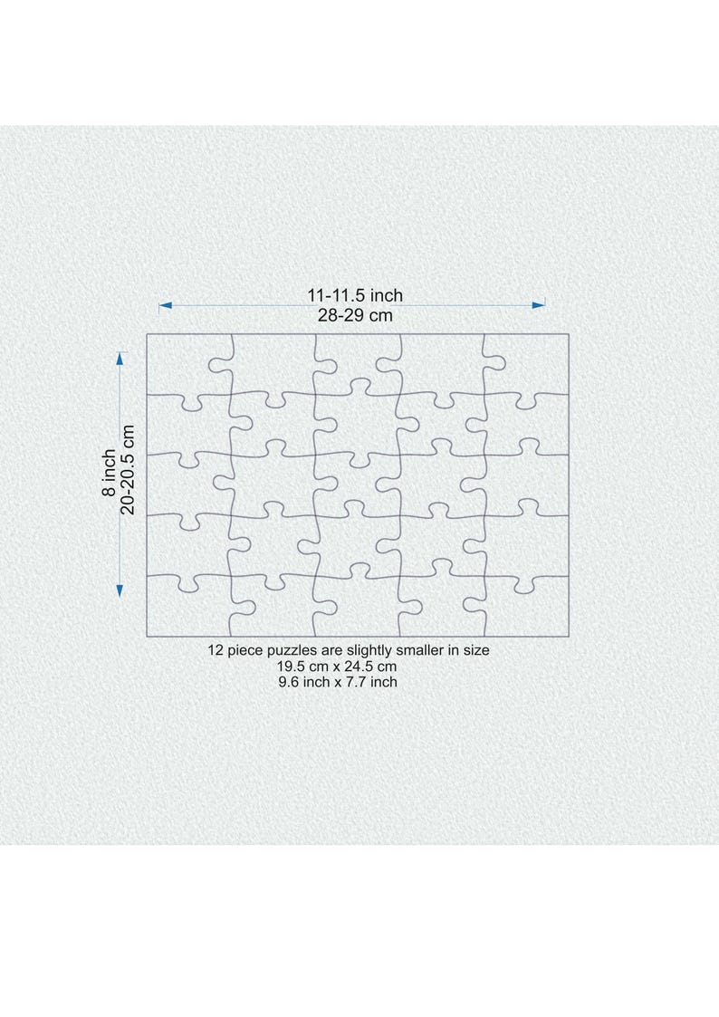 Puede incluir: Un contorno en blanco y negro de un rompecabezas de 12 piezas. El rompecabezas mide 11-11.5 pulgadas por 8 pulgadas, o 28-29 cm por 20-20.5 cm. El texto "12 piece puzzles are slightly smaller in size 19.5 cm x 24.5 cm 9.6 inch x 7.7 inch" est&aacute; debajo del rompecabezas.