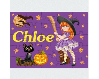 Personalized halloween puzzle for girls, Halloween jigsaw kids puzzle, Children name puzzle,Halloween party favors, Cute witch toy