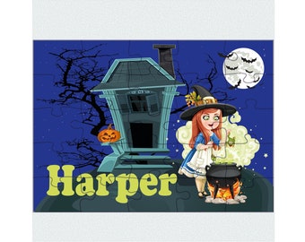 Personalized Halloween kids puzzle, Customized Halloween jigsaw puzzle for girls, Cute witch gift, Halloween party favors, Puzzle with name