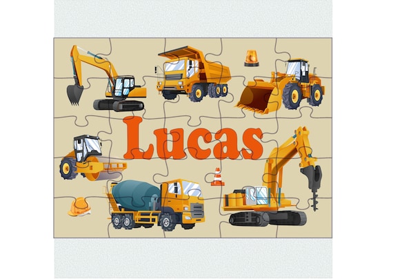 Construction truck puzzle for kids, Personalized kids jigsaw puzzle for boys, Children puzzle with name, Construction kids gift