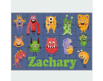 Personalized halloween puzzle for kids-Funny monsters jigsaw puzzle-Custom halloween puzzle for boys-Halloween party favor-Baby name puzzle