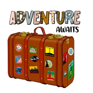 La aventura espera descarga digital, Clipart de maleta vintage, equipaje png, viajero del mundo png, aventura espera, descarga instantánea, imágenes prediseñadas