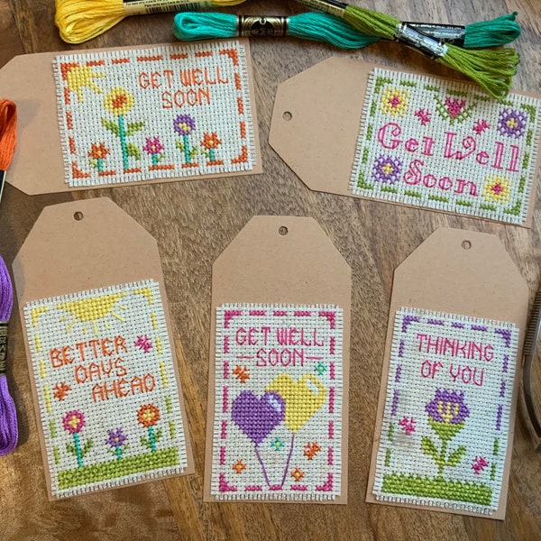 PATTERN: Get Well Soon 5-Tag Set | Cross Stitch Pattern (Digital Format - PDF) Gift Tag, Small Easy To Make