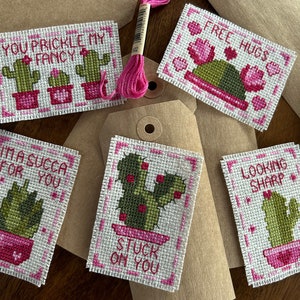 PATTERN: Stuck On You 5-Tag Set | Cross Stitch Pattern (Digital Format - PDF) Handmade Valentine&#39;s Day Gift Tag, Party Favor, Cactus