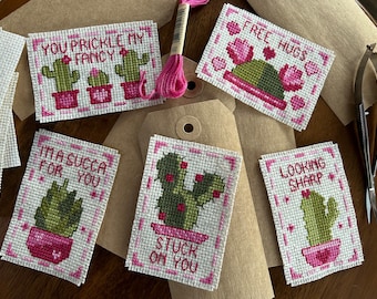 PATTERN: Stuck On You 5-Tag Set | Cross Stitch Pattern (Digital Format - PDF) Handmade Valentine&#39;s Day Gift Tag, Party Favor, Cactus