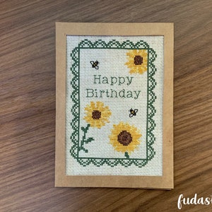 PATROON: Zonnebloemverjaardagskaart | Kruissteekpatroon (digitaal formaat - pdf) Cadeau, speciaal, handgemaakt, bloemen, eenvoudig te maken, handgemaakt