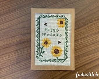 PATTERN: Sunflower Birthday Card | Cross Stitch Pattern (Digital Format - PDF) Gift, Special, Handmade, Flowers, Easy To Make, Handcrafted