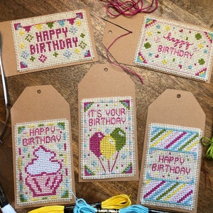 PATTERN: Bright Birthday 5-Tag Set | Cross Stitch Pattern (Digital Format - PDF), Cross Stitch Gift Tag, Birthday Gift Tag
