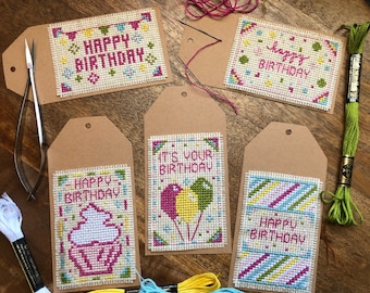 PATTERN: Bright Birthday 5-Tag Set | Cross Stitch Pattern (Digital Format - PDF), Cross Stitch Gift Tag, Birthday Gift Tag
