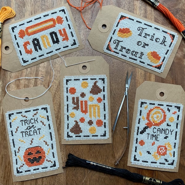 PATTERN: Halloween Candy 5-Tag Set | Cross Stitch Pattern (Digital Format - PDF) Gift Tag, Treat Bag Tag, Halloween Cross Stitch Gift Tag