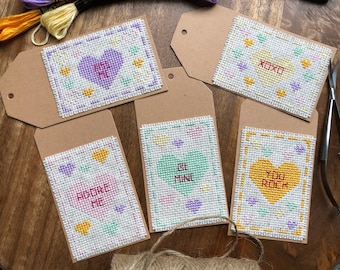 PATTERN: Conversation Hearts 5-Tag Set | Cross Stitch Pattern (Digital Format - PDF) Gift Tag, Party Favor