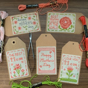 PATTERN: Mother’s Day 5-Tag Set | Cross Stitch Pattern (Digital Format - PDF) Gift Tag, Gift For Mom, Mother’s Day Gift Tag Cross Stitch