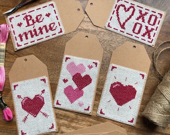 PATTERN: Hearts Galore 5-Tag Set | Cross Stitch Pattern (Digital Format - PDF) Gift Tag, Party Favor