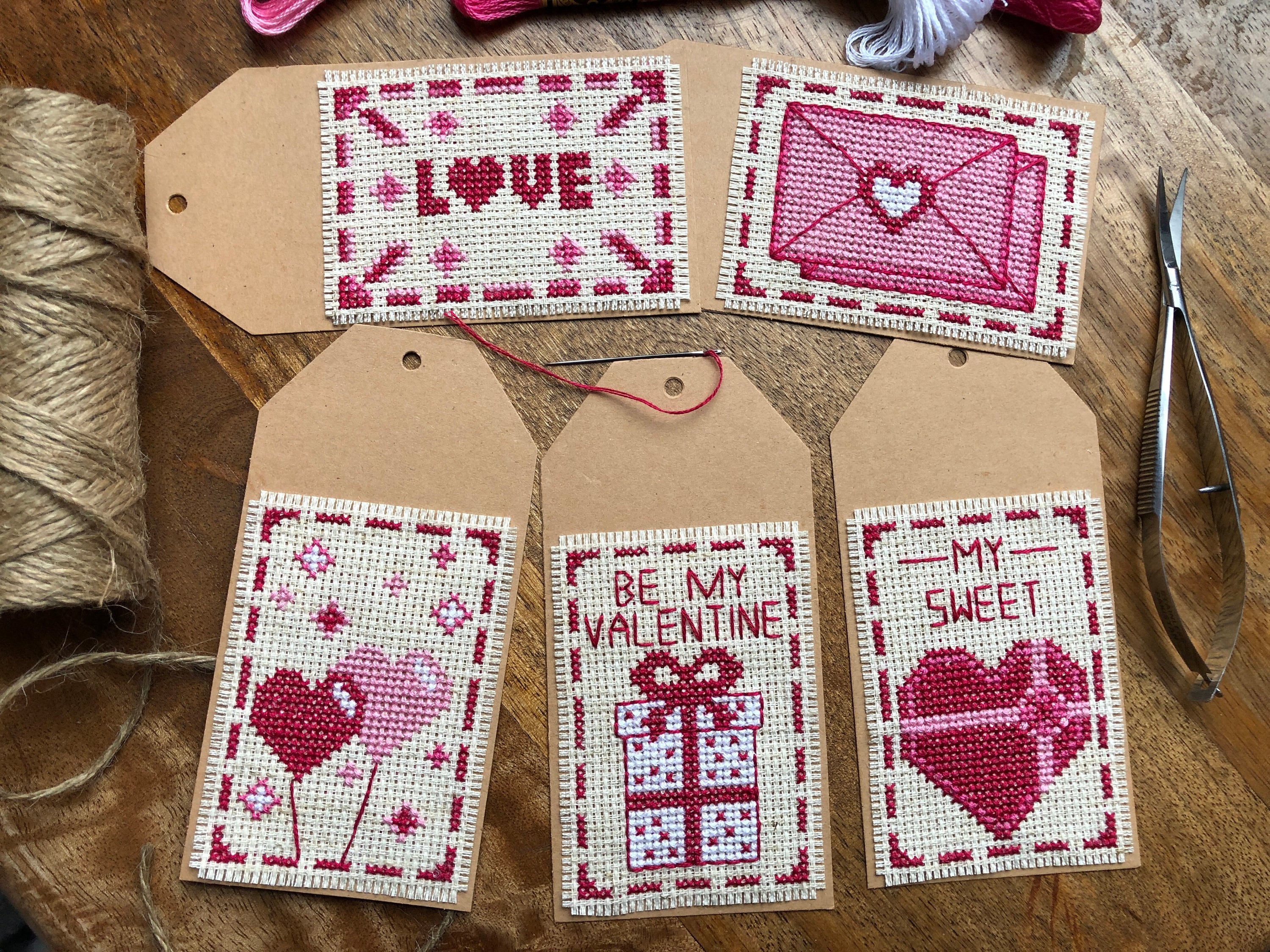 PATTERN: Sending Love 5-Tag Set | Cross Stitch Pattern (Digital Format - PDF) Handmade Valentine's Day Gift Tag, Party Favor