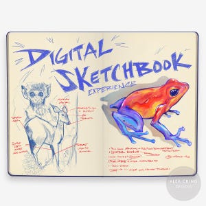 Könnte beinhalten: Ein offenes Skizzenbuch mit den Worten "DIGITAL SKETCHBOOK EXPERIENCE" in Blau. Die linke Seite zeigt eine Skizze eines Affen und eines Hirsches. Die rechte Seite zeigt eine farbenfrohe Illustration eines Frosches. Der Name des Künstlers befindet sich unten rechts.