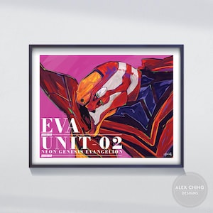 May include: A framed art print featuring a stylized illustration of EVA Unit 02 from Neon Genesis Evangelion. The artwork showcases the mecha in shades of red, orange, white, and blue against a pink background. Text includes "EVA UNIT 02" and "NEON GENESIS EVANGELION."