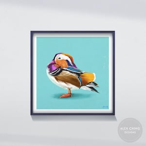 May include: A colorful mandarin duck with a purple, orange, and white head and a brown body with orange and white feathers. The duck is standing on a turquoise blue background.