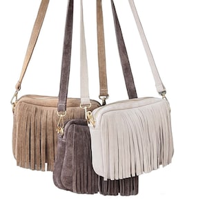 Gray Suede Leather Crossbody Bag with Tassels