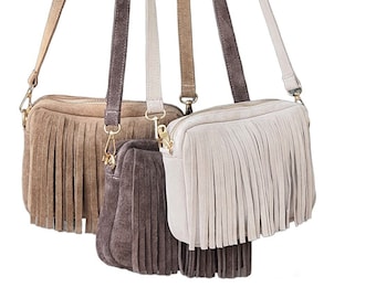 Suede Leather Crossbody Bag WithTassels,Suede Crossbody Purse,Gray Suede Tassel Bag,Leather Crossbody Bags For Women,Suede Handbag