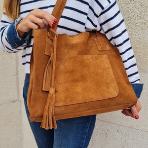 Tan Leather Shopper Bag in Genuine Suede. Slouchy Tan Color Carry All Tote Bag For Laptop, Tablet, Books. Tan Leather Purse