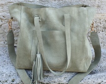Handmade Green Suede Tote Bag: Leather Shoulder Purse with Tassel