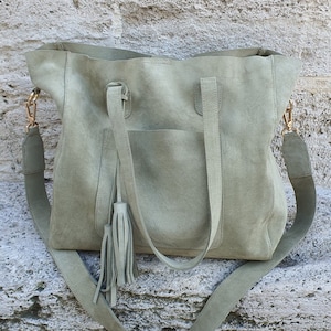 Bolso de mano de gamuza verde, bolso de hombro, bolso de mano de piel de gamuza auténtica verde claro, regalo de Navidad para mujer, bolso de gamuza para computadora portátil