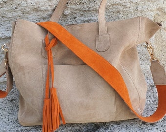 Suede Tote Bag, Beige Suede Purse, Orange Suede Tote Bag, Beige Shoulder Bag, Suede Tassel Shopping Bag, Personalized Gift, Real Suede Tote