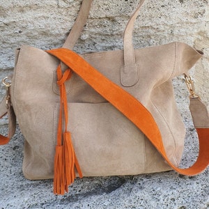 Handmade Beige Suede Tote Bag: Orange Tassel, Shoulder Bag