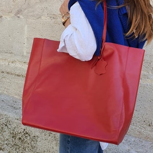 Red Leather Large Tote Bag for Women , Women Shopper Bag, Handmade Bag, Leather Purse, Casual Day Bag
