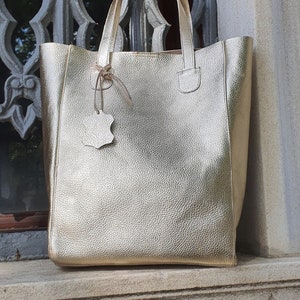Gold Leather Tote Bag: Metallic Effect, Handmade Shoulder Bag