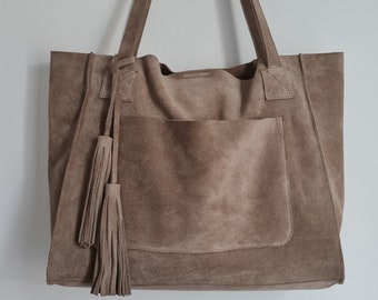 Handmade Suede Tote Bag: Leather Tassel, Stone Color