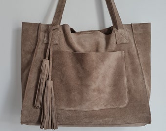 Suede Shoulder Bag, Leather Tassel Tote Bag, Backpack Leather, Stone Color Suede Tote Bag, Personalized Gift, Mothers Day Gift