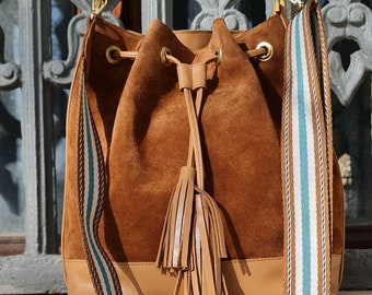 Bags For Women, Hobo  Bag, Tan Bucket Bag Leather and Suede, Drawstring Bag Medium Purse Womens Bag Crossbody Messenger Crossover Purse