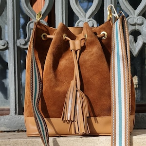 Bags For Women, Hobo  Bag, Tan Bucket Bag Leather and Suede, Drawstring Bag Medium Purse Womens Bag Crossbody Messenger Crossover Purse