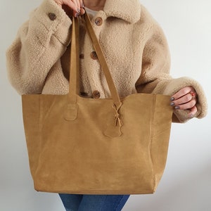 Suede Leather Tote Bag for Women, Camel Brown Suede Bag, Shopper Bag,Handmade Suede Bag, Casual Camel Brown  Purse, Everyday Practical Bag