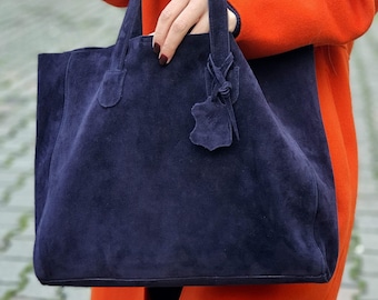 Navy Blue Suede Leather Tote Bag For Women, Slouchy Tote, Every Day Bag, Shopper Bag, Darkblue Bag