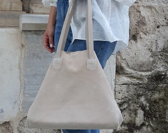 Handmade leather bag, beige suede shoulder bag, real leather market tote christmas gift shopper bag genuine soft suede tote bag