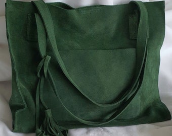 Green Suede Tote Bag, Leather Tassel Tote Bag, Green Leather Every Day Bag, Minimalist Tassel Suede Purse, Green Suede Slouchy Tote