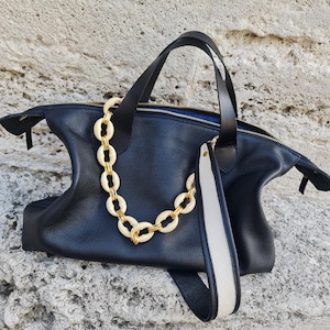 Handmade Black Pebble Leather Tote Bag: Slouchy Shoulder Bag