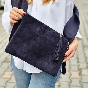 Suede Leather Crossbody Bag Clutch Bag Clutch Purse Clutches and Evening Bags Navy Blue Suede Leather Clutch Bag