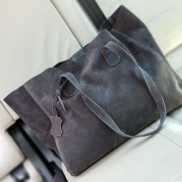 Dark Grey Suede Tote Bag, Genuine Suede Tote, Handmade Leather Bag, Christmas Gift, Anthracite Everyday Bag