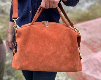 Suede Crossbody Bag, Leather Suede Shoulder Bag, Suede Tote Purse, Suede Leather Hobo Bag, Brick Color Suede Purse